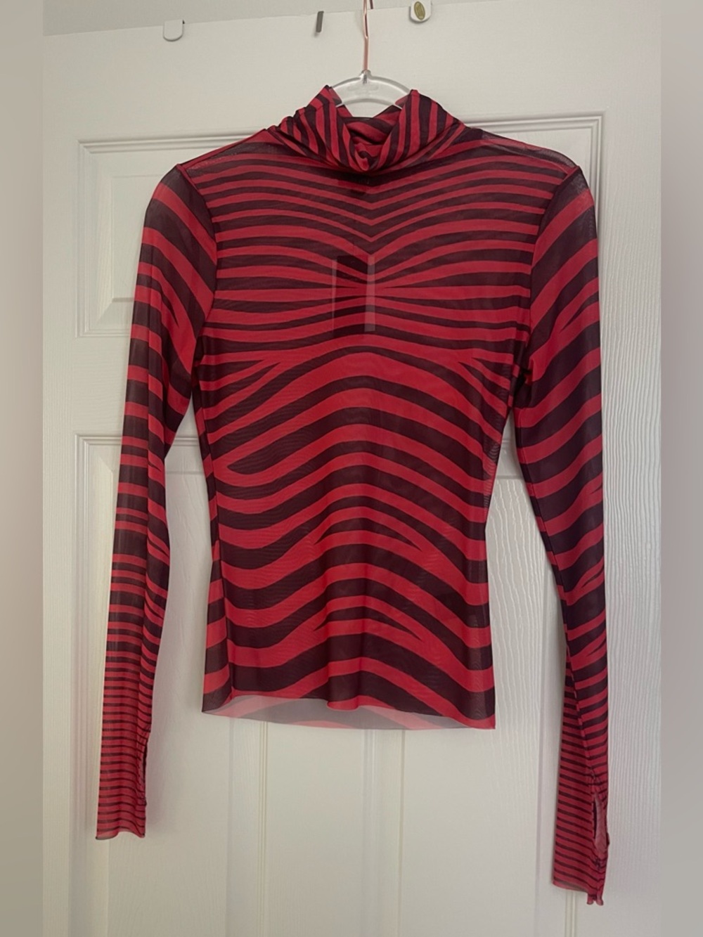 AFRM Red and Black Striped Sheer Mock Neck Long Sleeve Top
